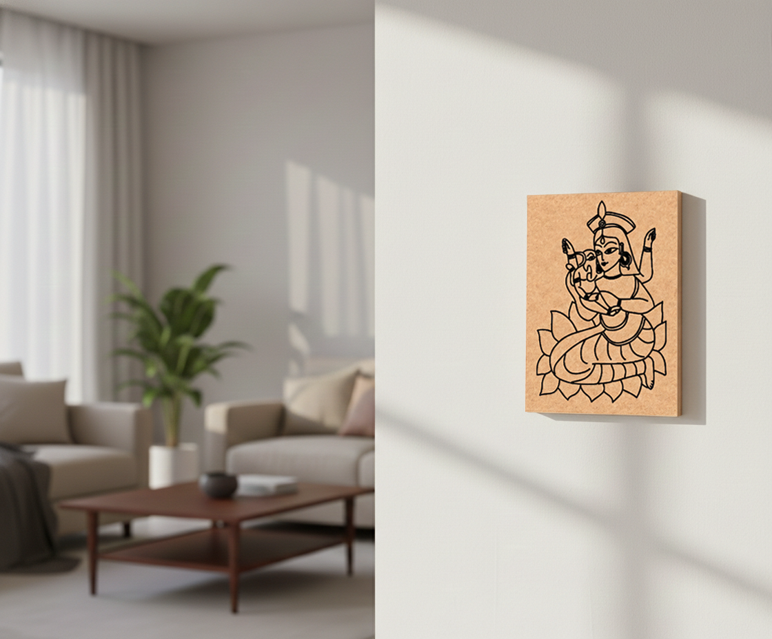MDF DIY  wall art with a black design of a person and a cat on a white wall in a living room.