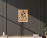 MDF DIY wall art with a black line drawing of a deity on a dark gray wall.