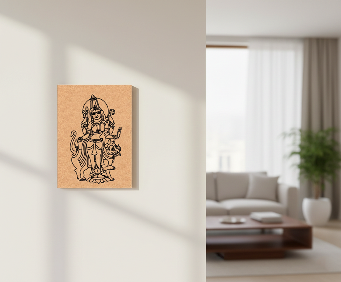 MDF DIY  wall art with a black design of a deity on a light-colored wall.