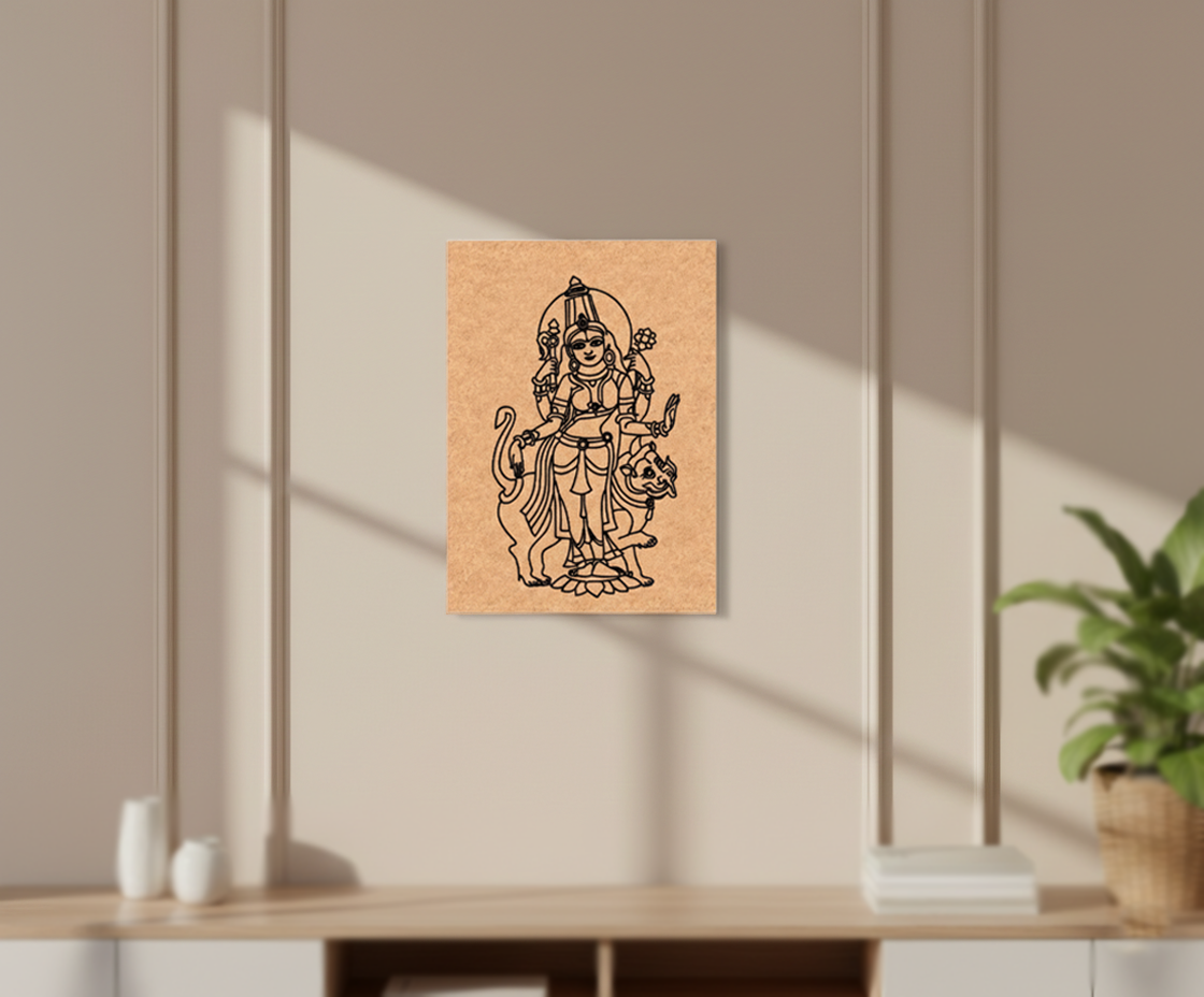 MDF DIY  wall art with a black ink drawing of a deity on a beige wall.