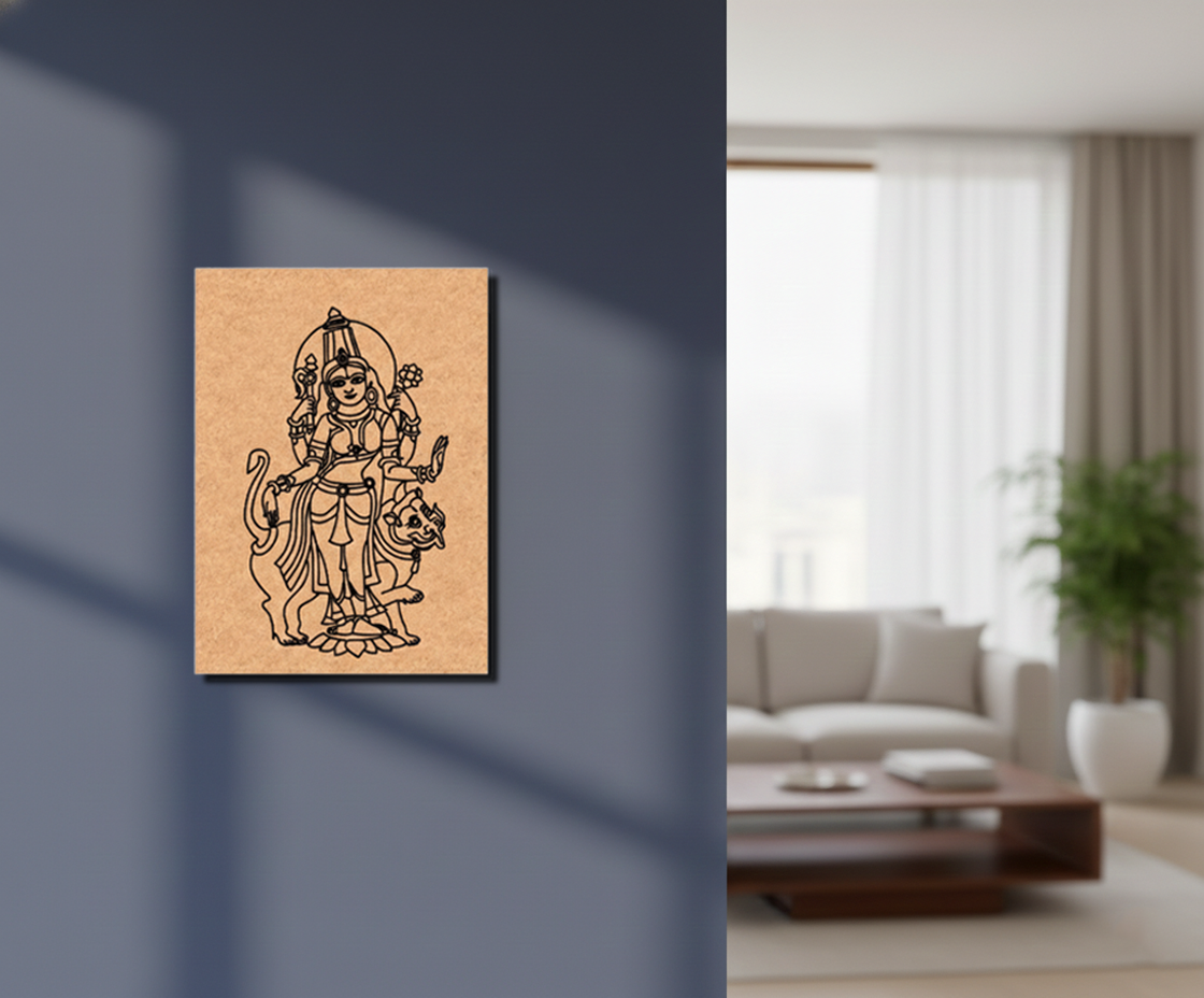 Decorative MDF DIY wall art of a deity on a wooden panel in a living room setting.