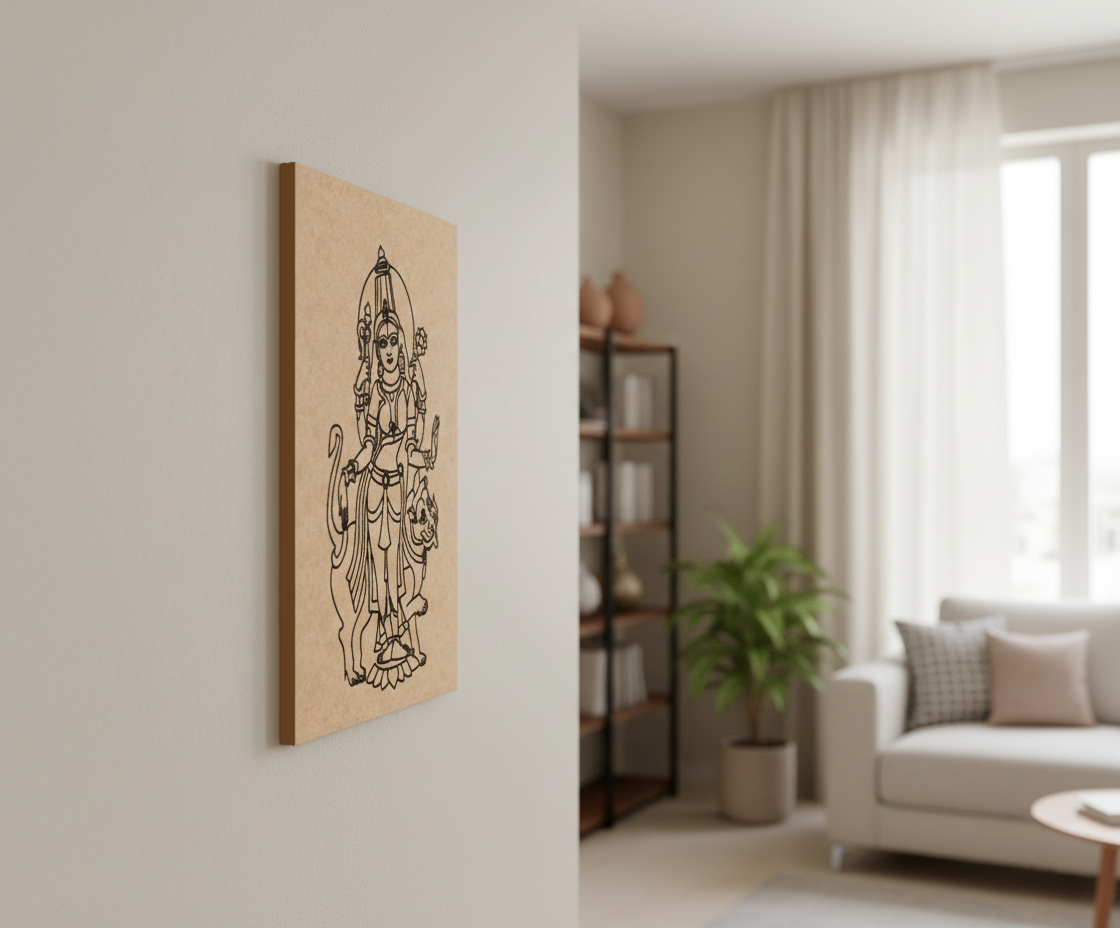 Living room with a MDF DIY wall art piece of a deity figure on a light-colored wall.