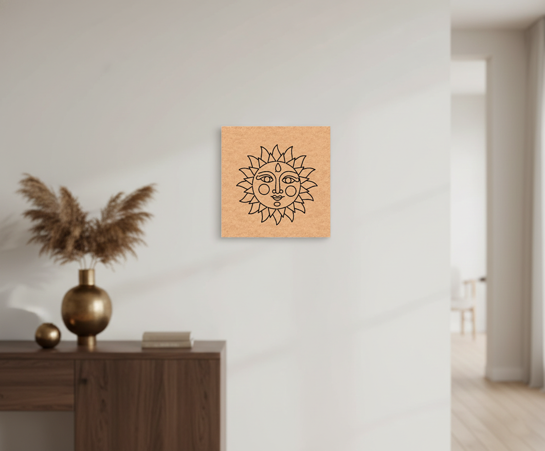 Decorative  MDF DIY wall art with sun design on a wooden panel in a modern interior setting.