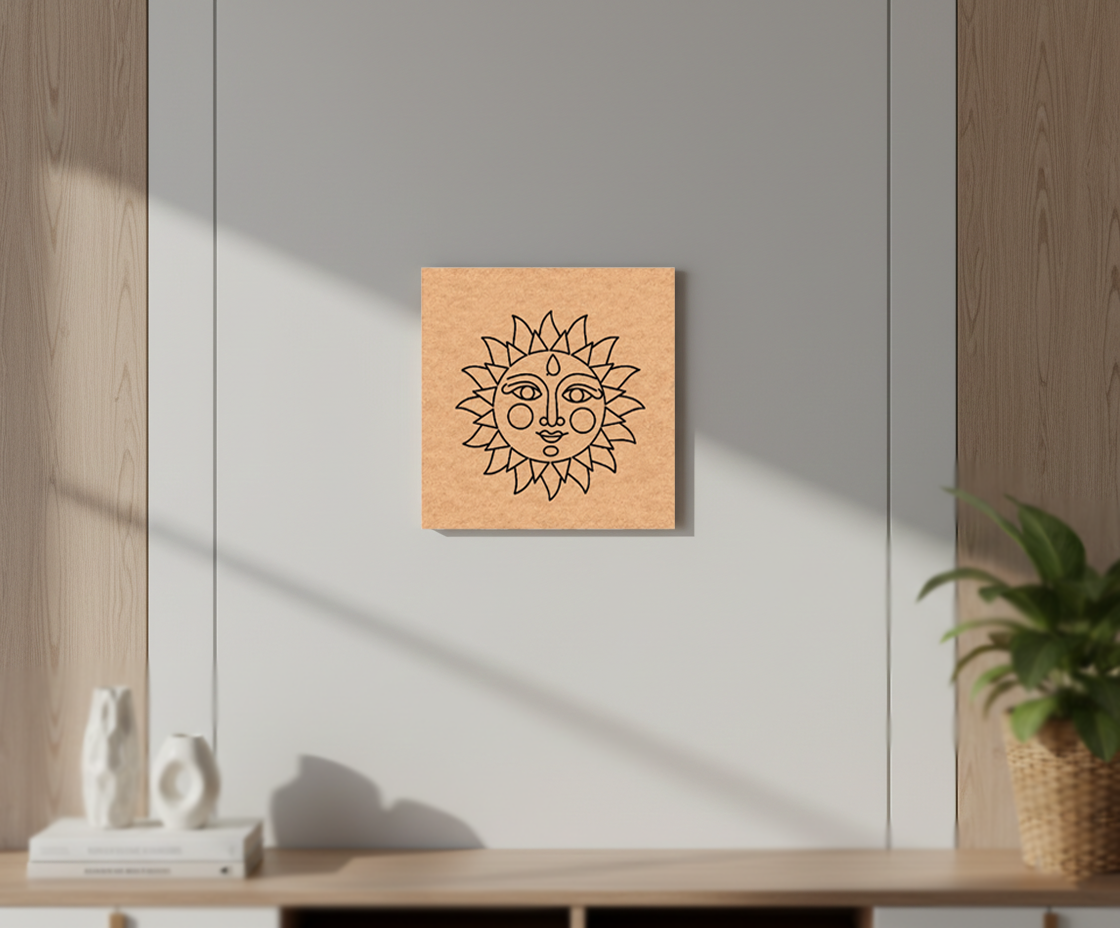  MDF DIY wall art ith sun design on a white wall, with decor items below.