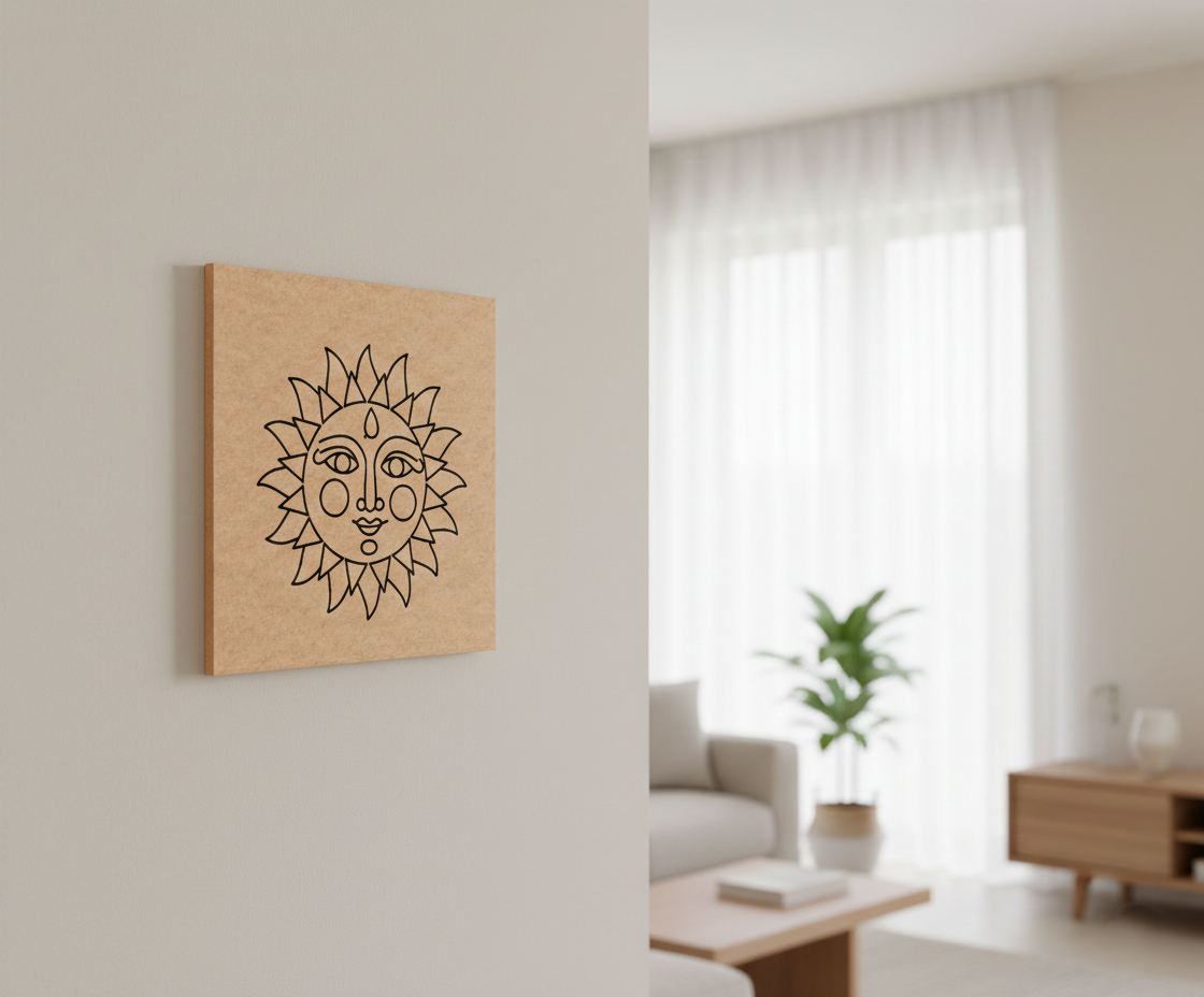 Decorative  MDF DIY wall art of a sun with a face on a beige wall in a living room.