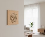Decorative  MDF DIY wall art of a sun with a face on a beige wall in a living room.