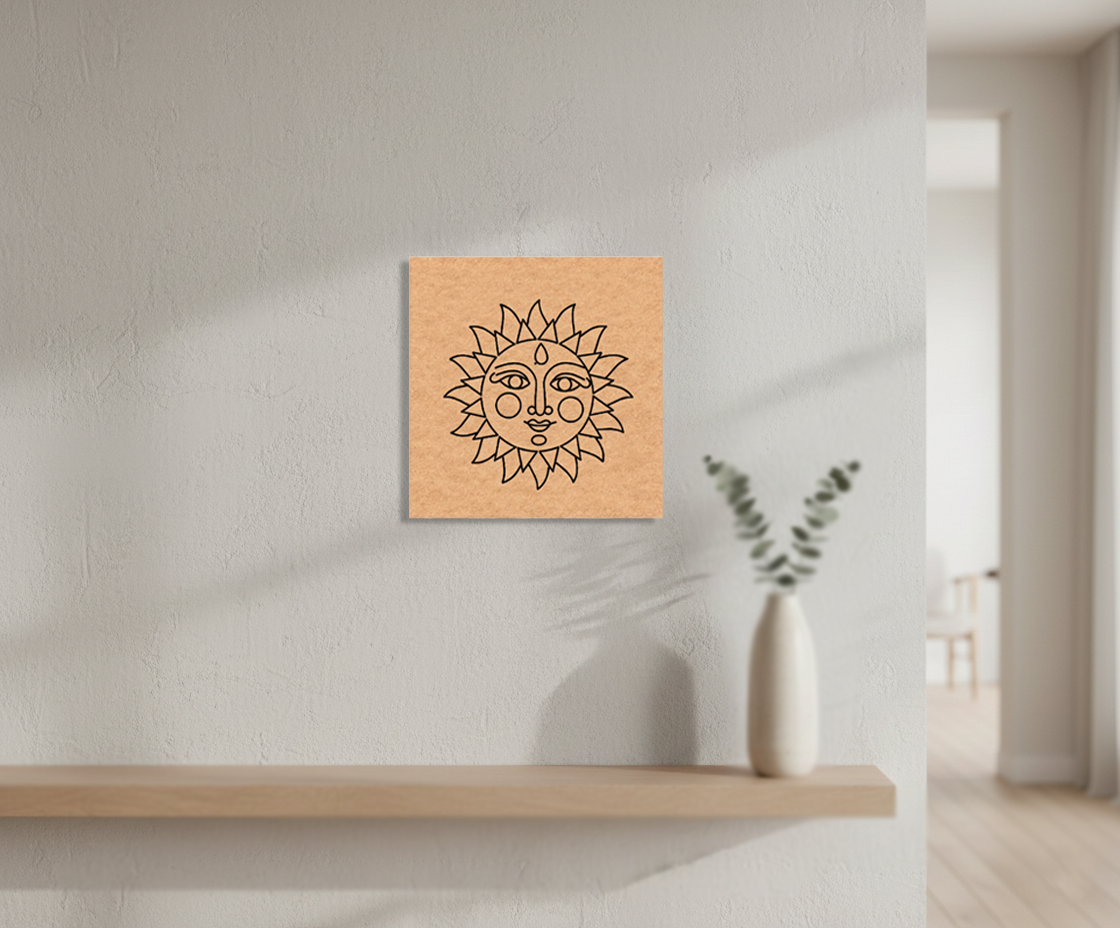  MDF DIY wall art with sun design on a neutral wall