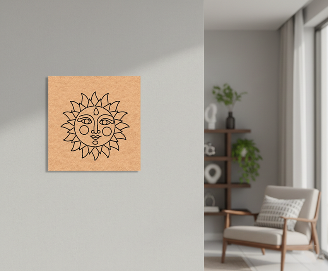 Decorative  MDF DIY wall art of a sun design on cork board in a living room.