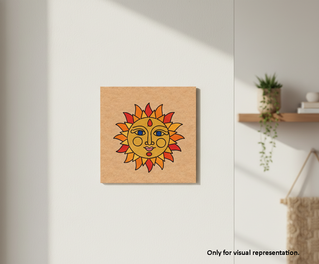 Sun-shaped MDF DIY wall art on a white wall with a shelf in the background