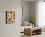 Modern living room with a decorative MDF DIY wall art piece and a sofa.