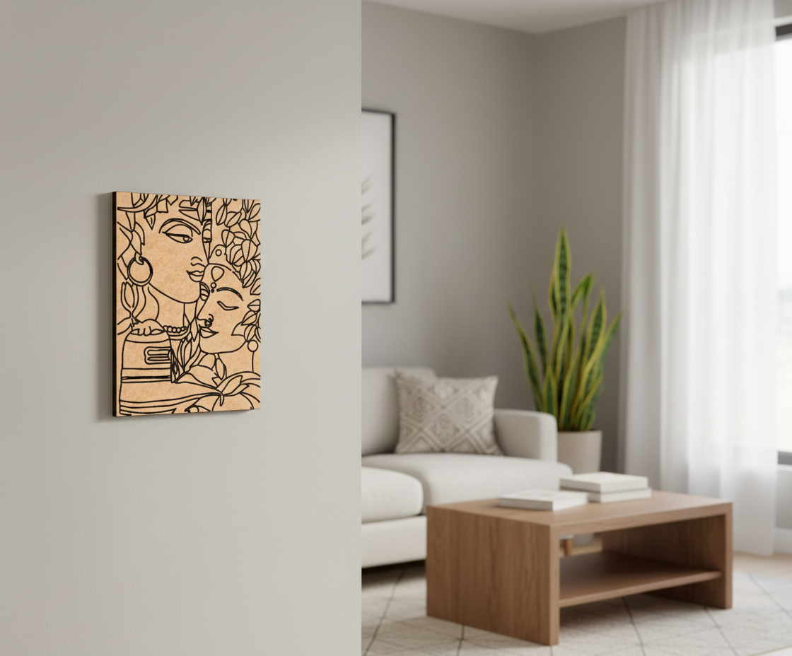 Modern living room with a decorative MDF DIY wall art piece and a sofa.