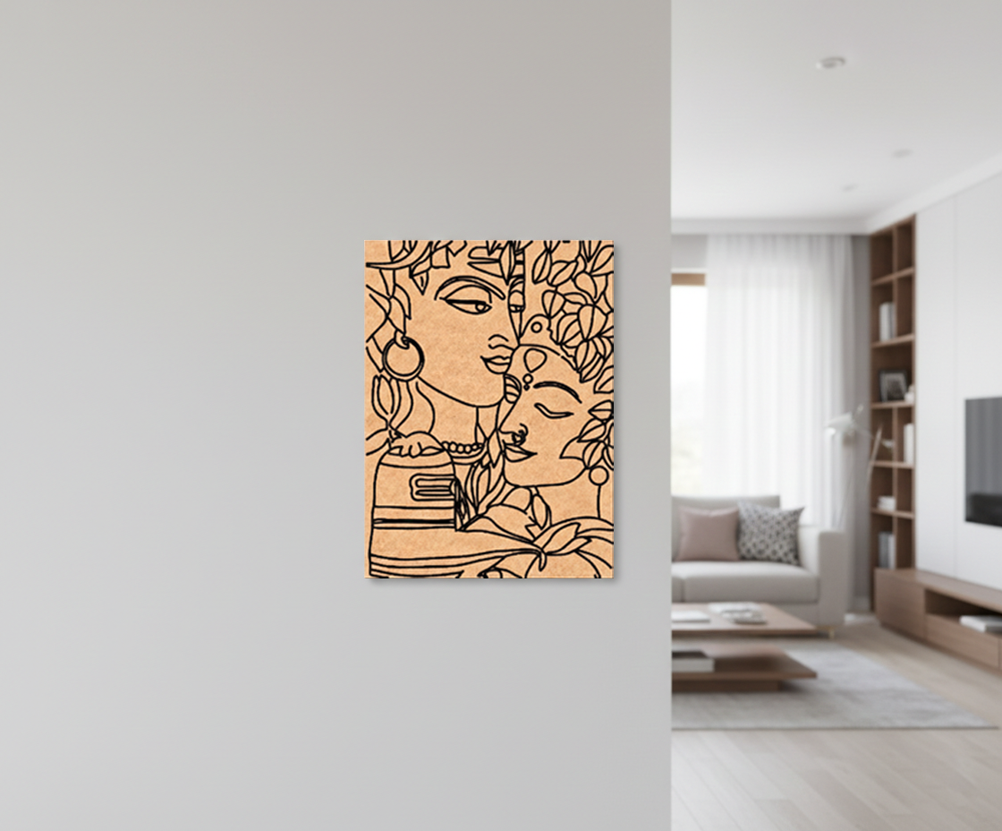 MDF DIY wall art of two faces on a light gray wall in a modern living room.