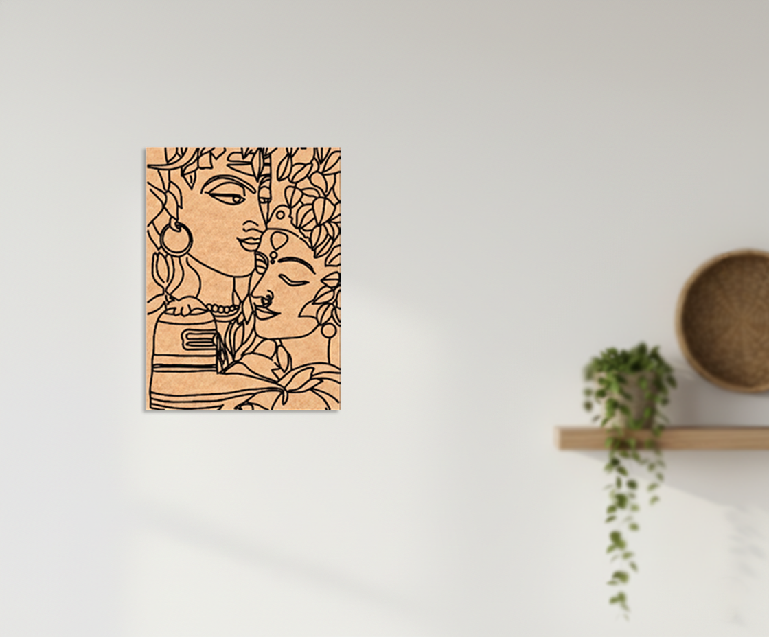MDF DIY wall art with a face design on a white wall with a plant and bowl in the background.