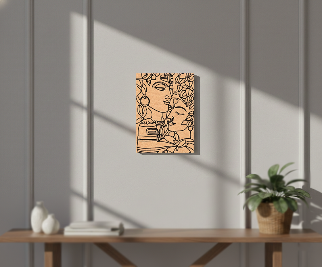 Abstract  MDF DIY art piece on a wall with a wooden table and plant below
