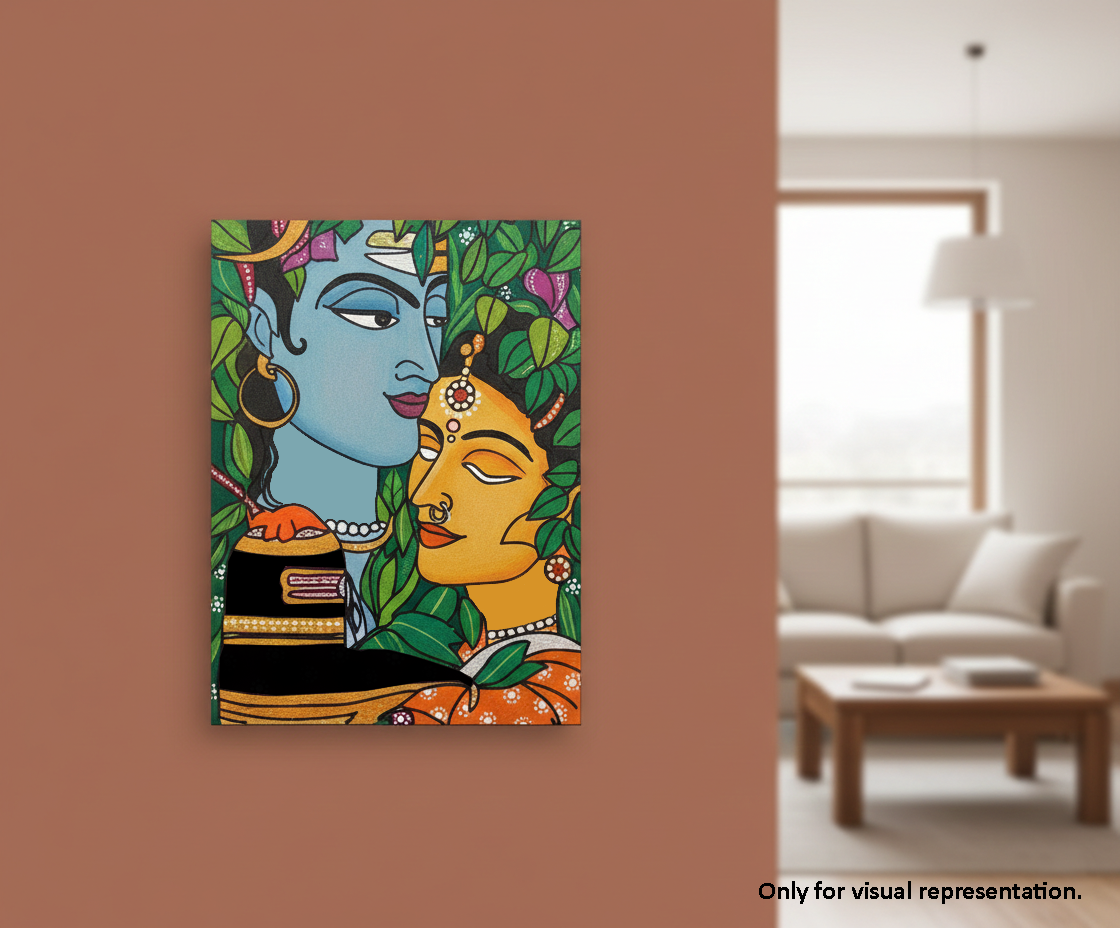 Colorful  MDF DIY wall art of two faces on a brown wall with a living room in the background.