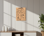 MDF DIY  wall art of a stylized face on a light gray wall with a plant and shelf in the foreground.
