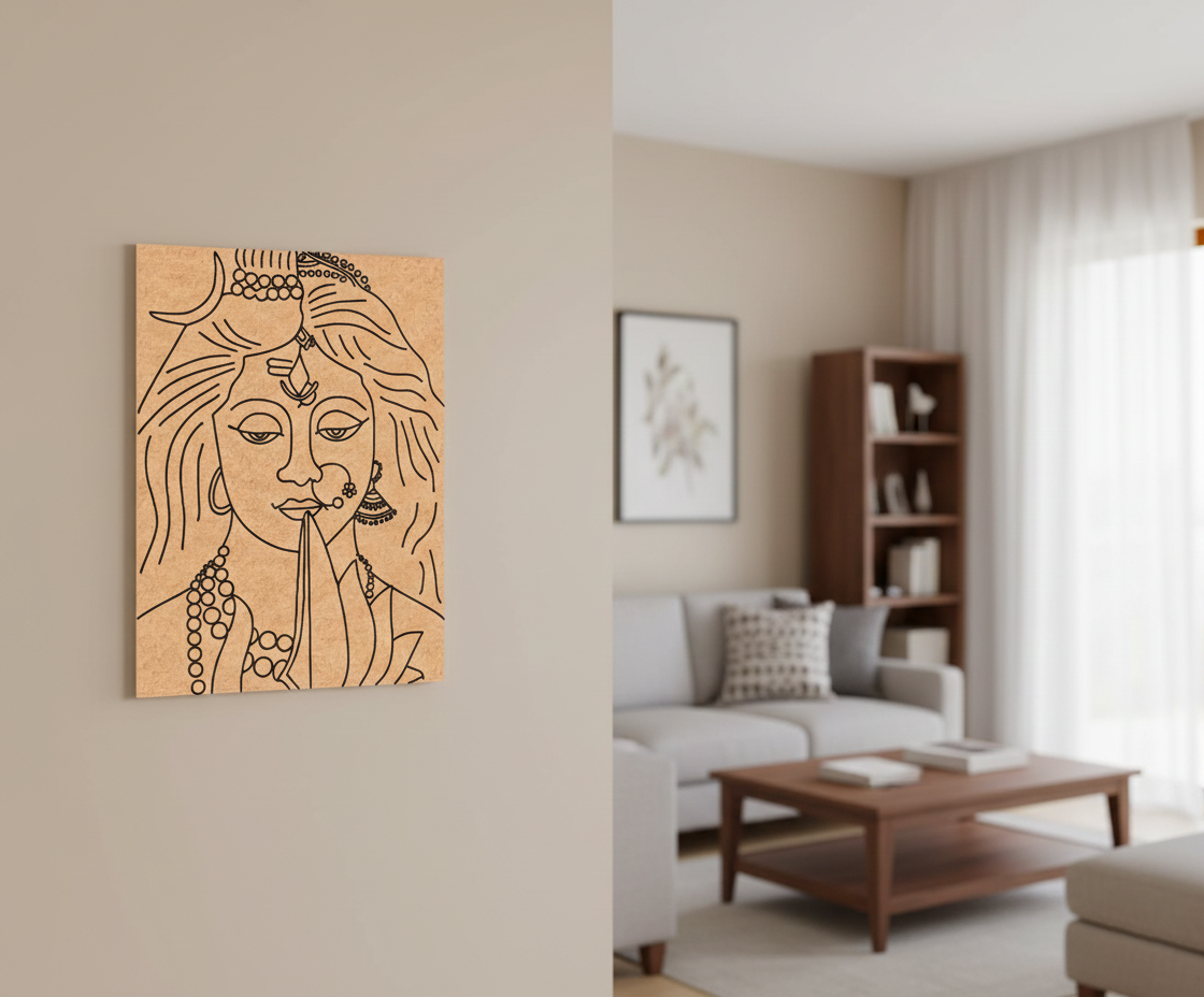 MDF DIY wall art of a stylized face on a wall in a living room.