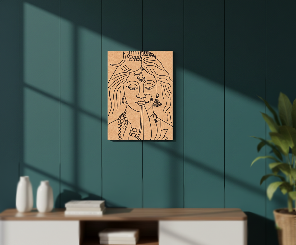 MDF DIY wall art of a stylized face on a teal wall with a wooden shelf and plant.