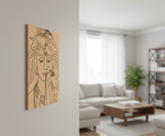 MDF DIY wall art of a stylized face in a modern living room.