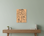 MDF DIY  wall art of a stylized face on a light green wall above a wooden console table.