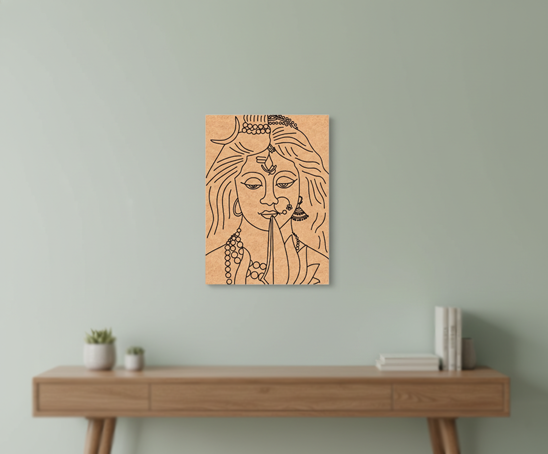 MDF DIY  wall art of a stylized face on a light green wall above a wooden console table.