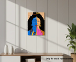 MDF DIY print of a stylized portrait with blue face and black hair on a wall.