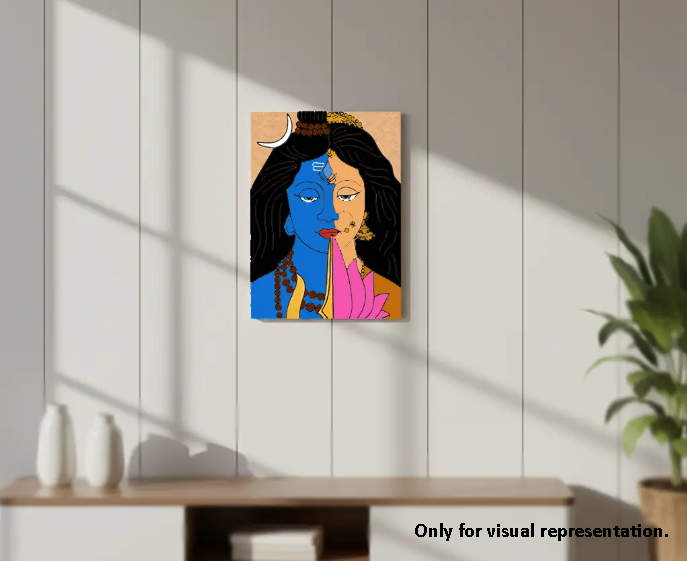 MDF DIY print of a stylized portrait with blue face and black hair on a wall.