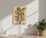 MDF DIY  wall art with a black line drawing of a deity on a light wooden panel wall.