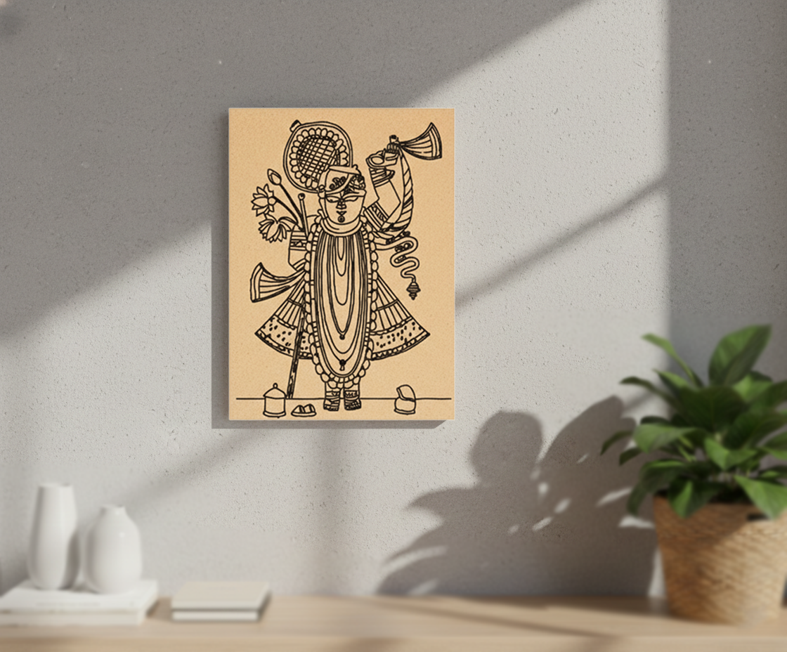 Decorative MDF DIY wall art of a stylized figure on a beige background, mounted on a gray wall.