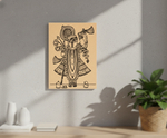 Decorative MDF DIY wall art of a stylized figure on a beige background, mounted on a gray wall.