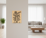 Decorative MDF DIY wall art of a stylized figure on a beige background in a living room.
