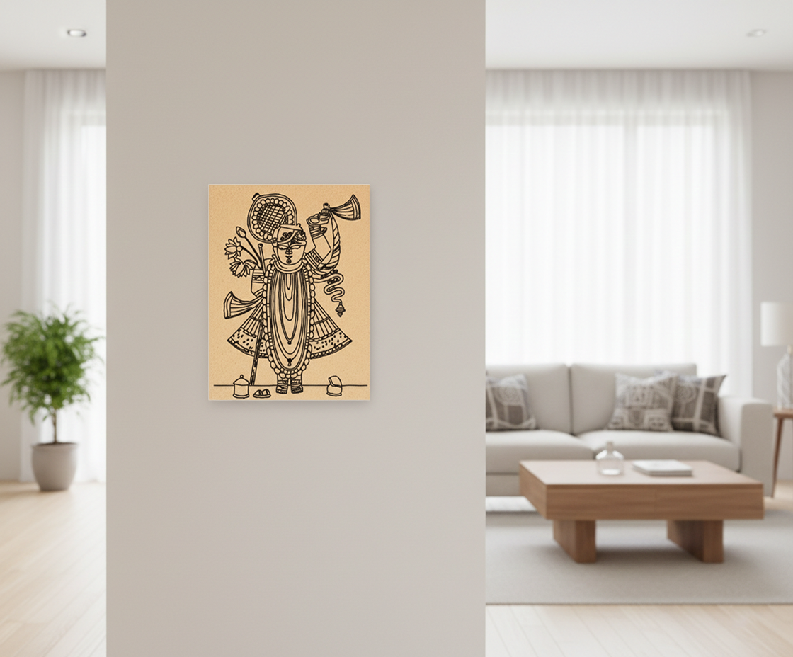 Decorative MDF DIY wall art of a stylized figure on a beige background in a living room.