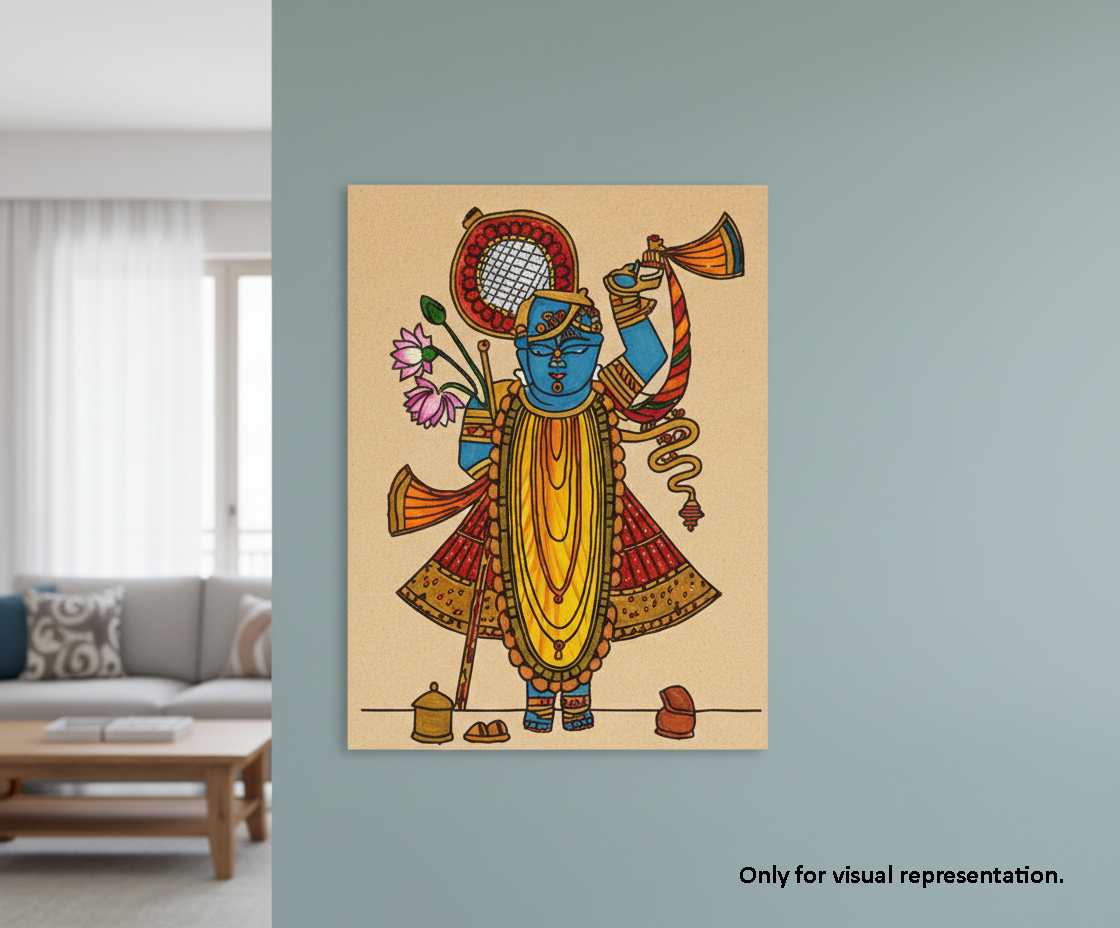 Colorful MDF DIY wall art of a traditional figure on a light blue wall.