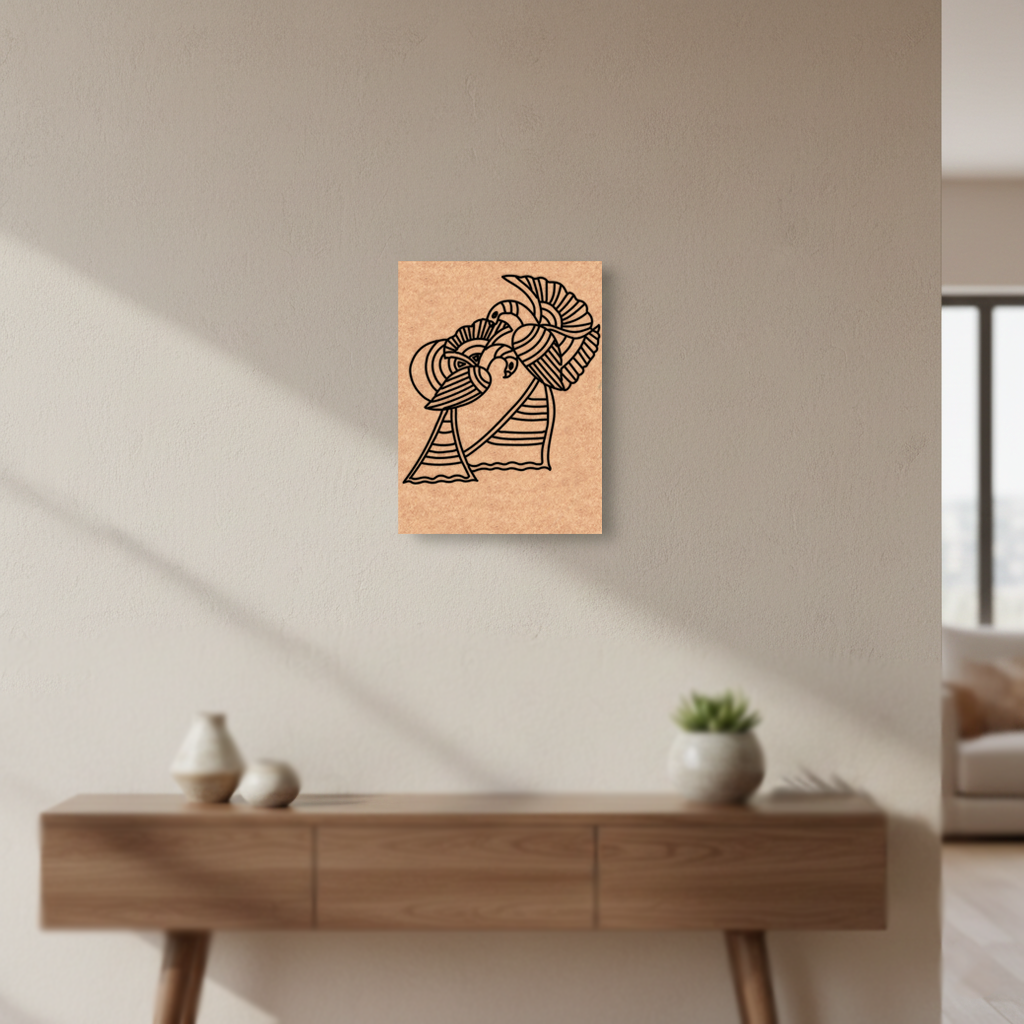 MDF DIY wall art with abstract design on a beige wall above a wooden console table.