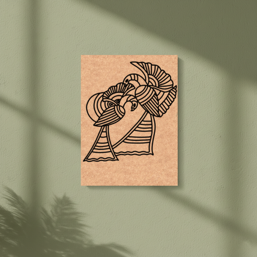 MDF DIY wall art with a black line drawing of a decorative object on a green wall.