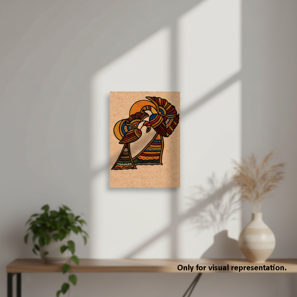Decorative MDF DIY wall art of a stylized face with colorful patterns on a wooden frame, hanging on a white wall.