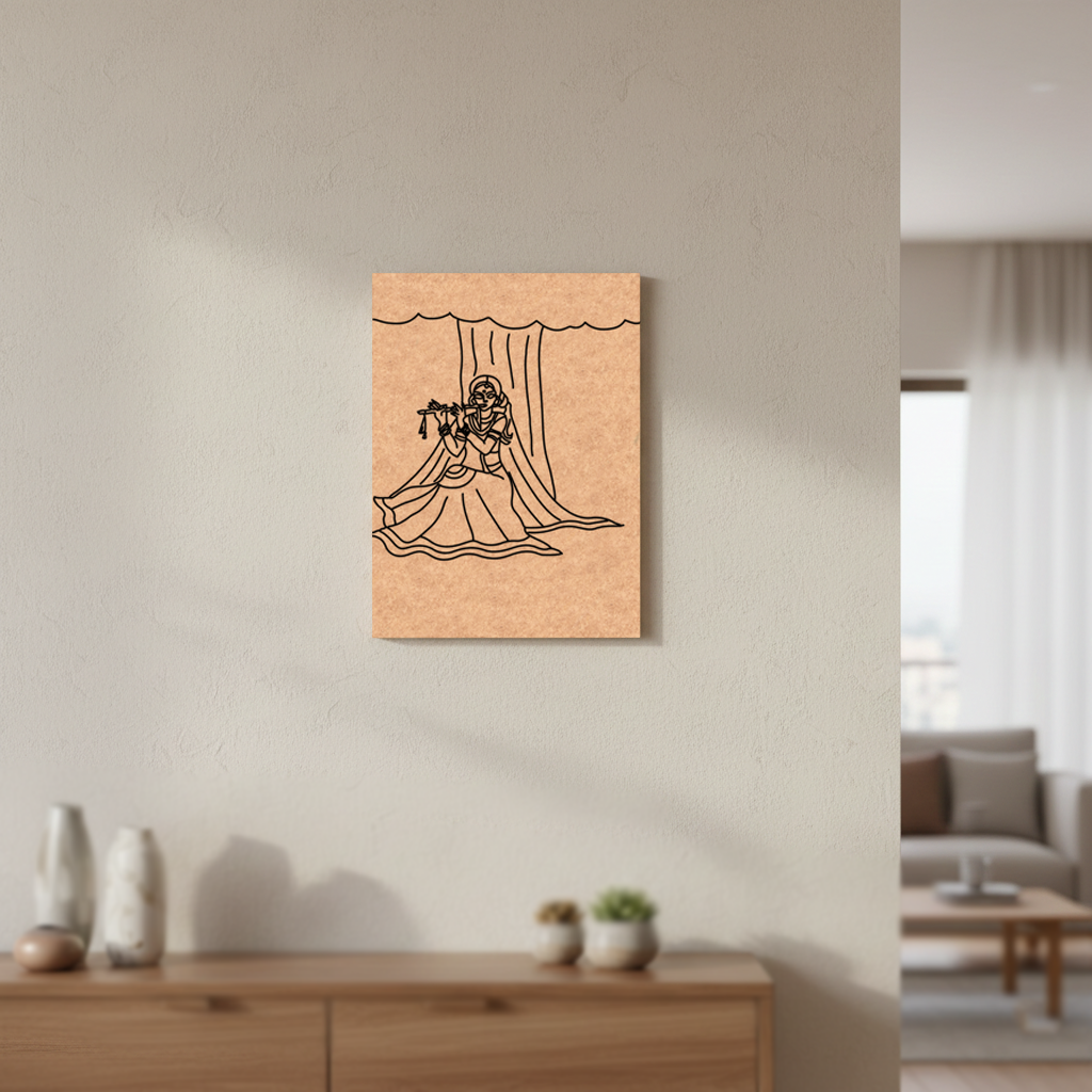 MDF DIY wall art with a black line drawing of a woman in a dress on a beige wall.