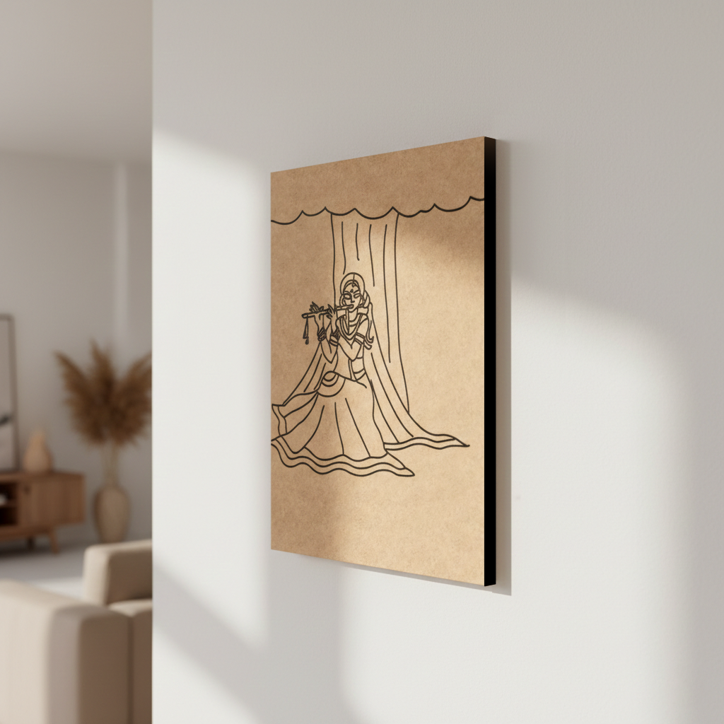 MDF DIY  wall art with a minimalist design of a woman holding a flower, mounted on a white wall.
