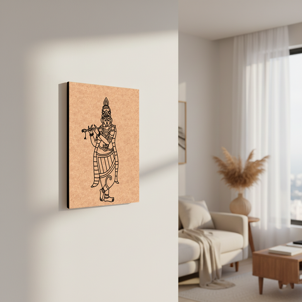 MDF DIY wall art with a black line drawing of a figure on a beige background, placed in a living room.