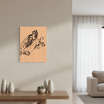 MDF DIY wall art of a stylized couple with a bird on a beige wall in a living room.