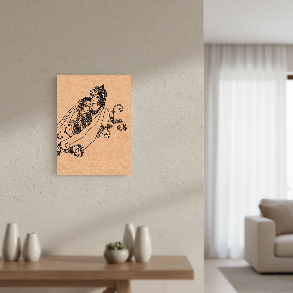 MDF DIY wall art of a stylized couple with a bird on a beige wall in a living room.