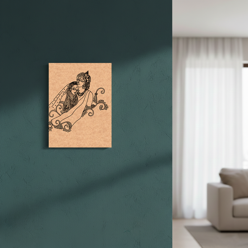 MDF DIY wall art of a couple embracing on a teal wall with a blurred living room in the background.