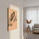 Decorative MDF DIY wall art of a woman and a cat on a beige background in a living room.