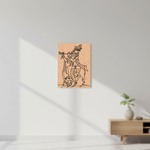 MDF DIY  wall art with a black line drawing of a person on a cow, mounted on a white wall.