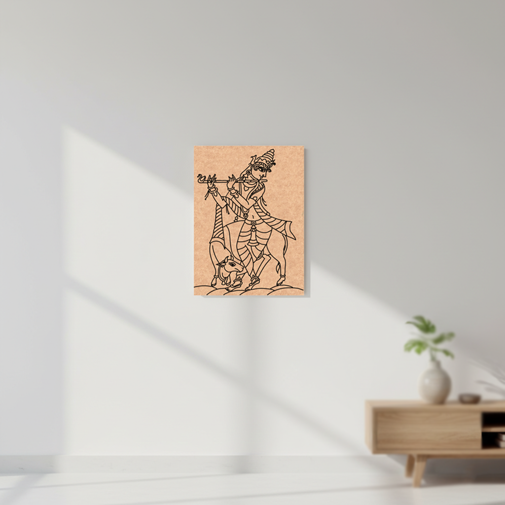 MDF DIY  wall art with a black line drawing of a person on a cow, mounted on a white wall.