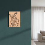 MDF DIY wall art of a warrior on a teal wall next to a modern living room.