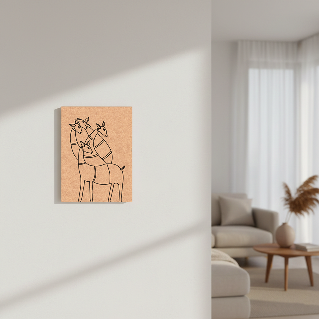 MDF DIY  wall art with black line drawing of four  animals in a modern living room.