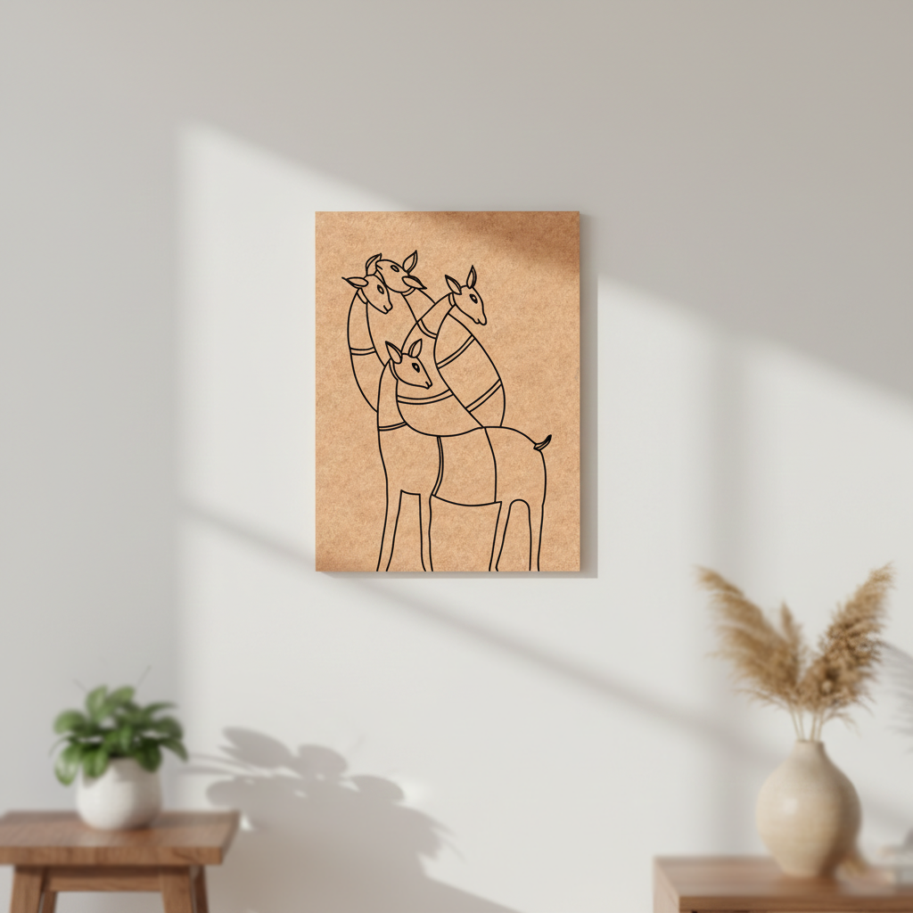 MDF DIY  wall art with line drawing of four giraffe on a white wall.