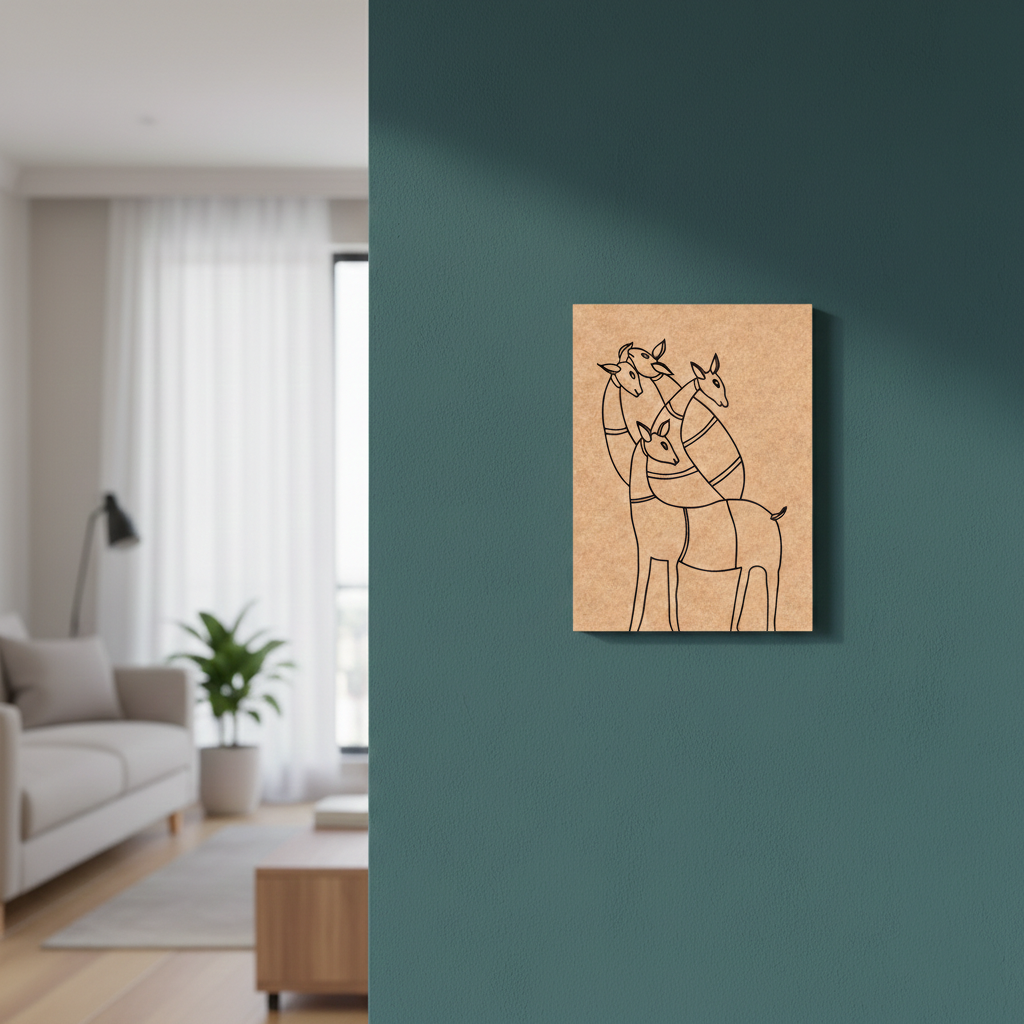 MDF DIY Canvas print of line art of two animals on a teal wall with a blurred living room in the background.