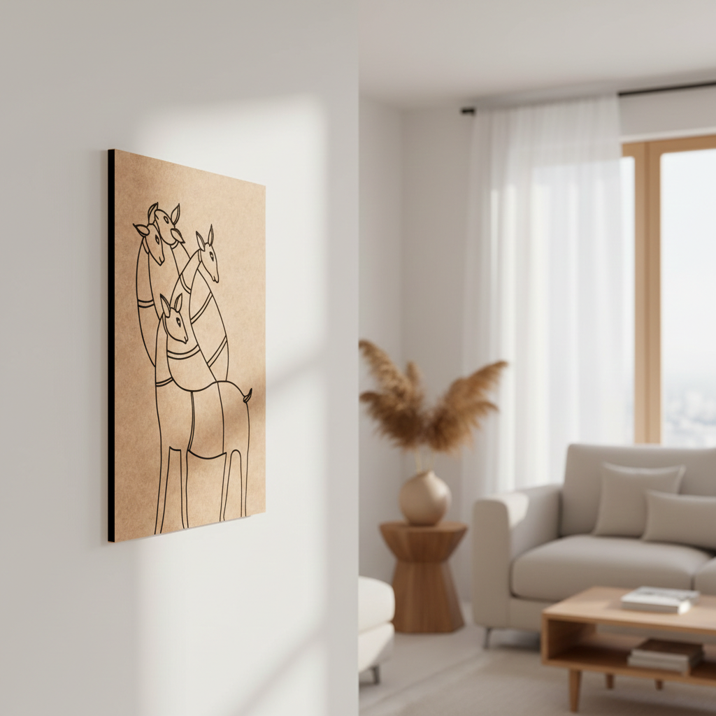 Modern living room with a minimalistic MDF DIY wall art piece of four giraffe on a light-colored wall.